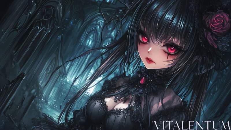 Midnight gothic girl watches softly with glowing ruby eyes