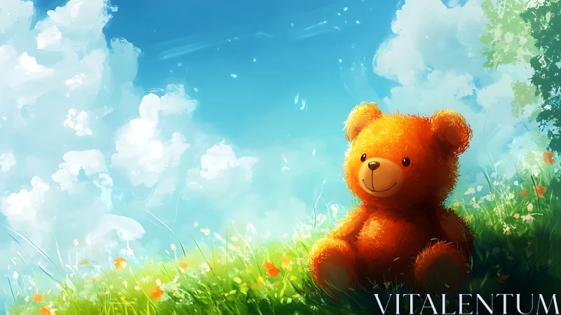 Orange teddy bear sitting in bright summer meadow.