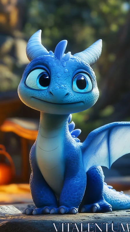 Blue baby dragon sits under warm forest light, smiling.