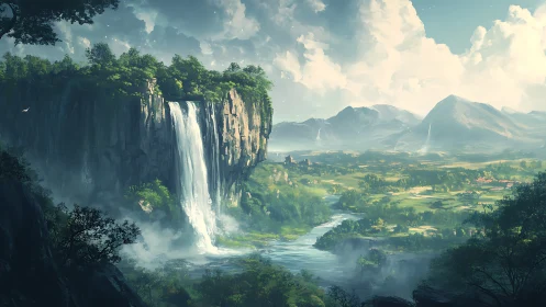 Clifftop waterfall above expansive valley landscape.