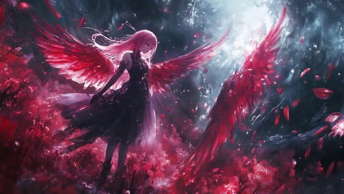 Crimson-winged angel stands in glowing ethereal forest.