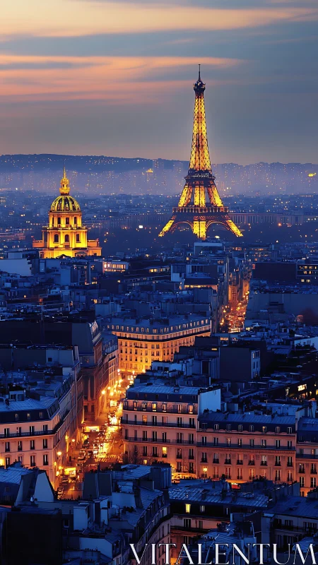 Twilight urban luminance over Eiffel Tower and Parisian grid.