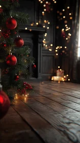 Cinematic close-up of red Christmas ornaments in shallow focus