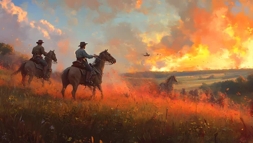 Cowboys on horseback traverse blazing prairie at cinematic sunset