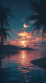 Gentle tropical shoreline glows under dreamy moonlit sunset