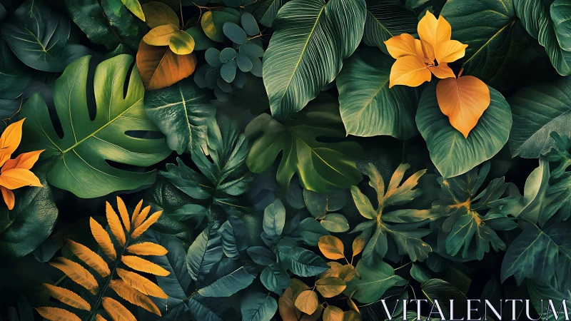 Lush tropical foliage glows with golden accents in darkness