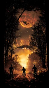 Cinematic digital painting of kids cycling toward alien skyfield.