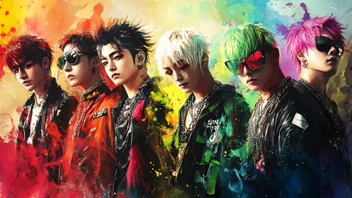 Six stylized young men stand in a neon splatter portrait