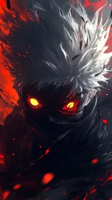 Masked white haired warrior with glowing eyes in red fire