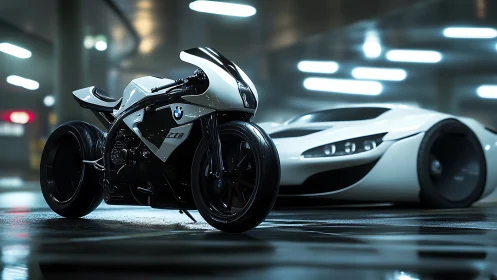 Futuristic BMW concept motorcycle and car in garage.