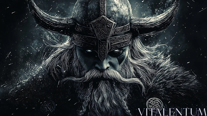 Storm-lit viking warlord portrait in icy monochrome fury.