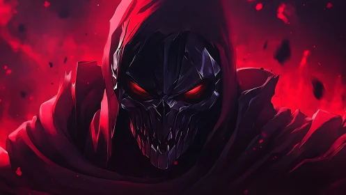 Mysterious dark reaper in glowing crimson shadows.