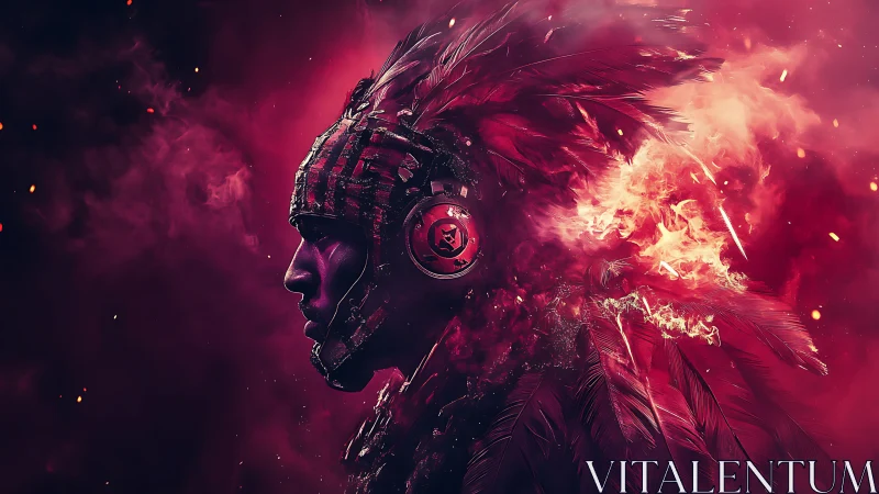 Cybernetic plume warrior in incendiary magenta combustion field.