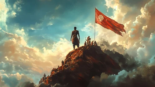 Warrior summit stands under blazing red victory banner.