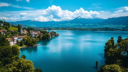 Lakeside village sits beside calm blue water and distant mountains.