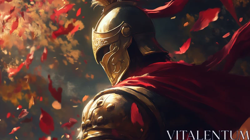 Golden armored warrior stands amid swirling crimson petals