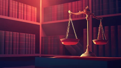 Golden justice scales glowing softly in a quiet law library.