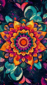 Vibrant radial mandala with neon petals on cosmic backdrop.