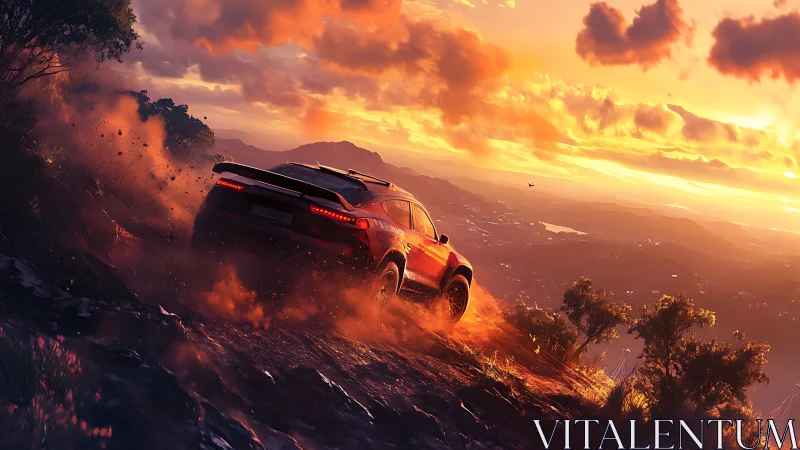 Red SUV descending dusty hillside under orange sky at dusk.
