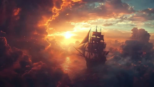 Sunlit tall ship sails boldly through glowing storm clouds