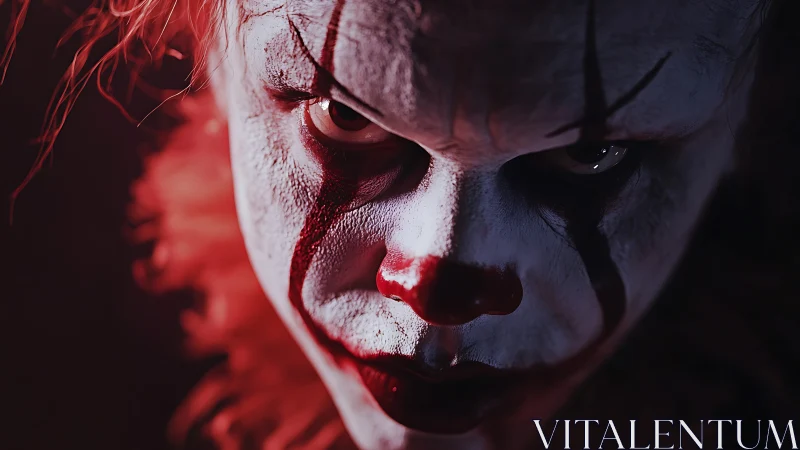 Red-lit horror clown leans in close and owns the darkness