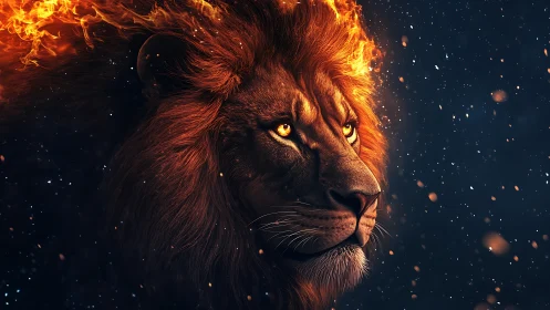 Fiery lion portrait with blazing mane in dark night sky.