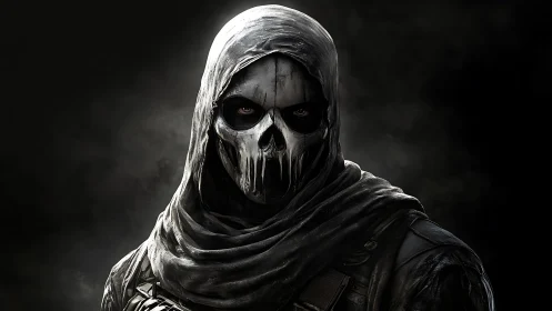 Hooded skull-masked operative rendered with high-contrast digital lighting