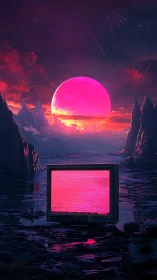CRT display in neon-lit alien valley under pink moon.