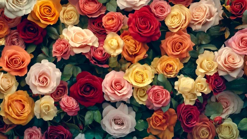 Densely Packed Hybrid Rose Composition With Chromatic Gradient Transitions.