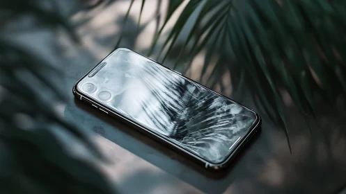 Modern Smartphone Displayed on Palm Frond Shadow Surface.