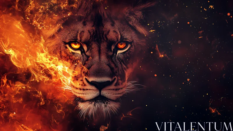 Lion visage fused with burning firestorm and ember void.