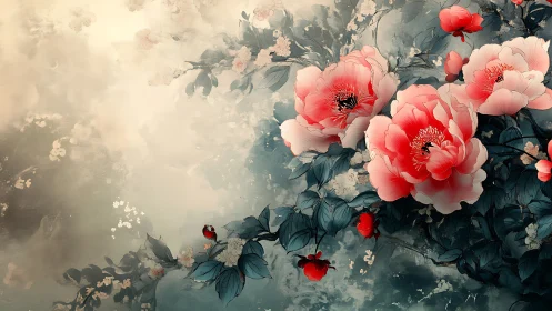 Red Peonies in Soft Morning Light with Botanical Garden Setting