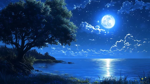 Coastal shoreline under full moonlight with silhouetted tree.