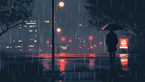 Solitary figure under umbrella in neon-lit rainy city night.