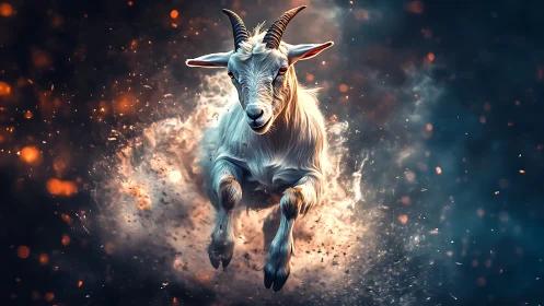 Mythic white goat charges through glowing embers and smoke.