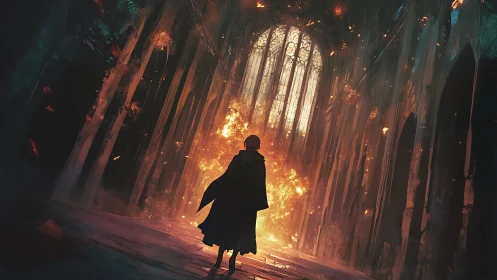 Cloaked figure facing intense fire inside ruined hall.