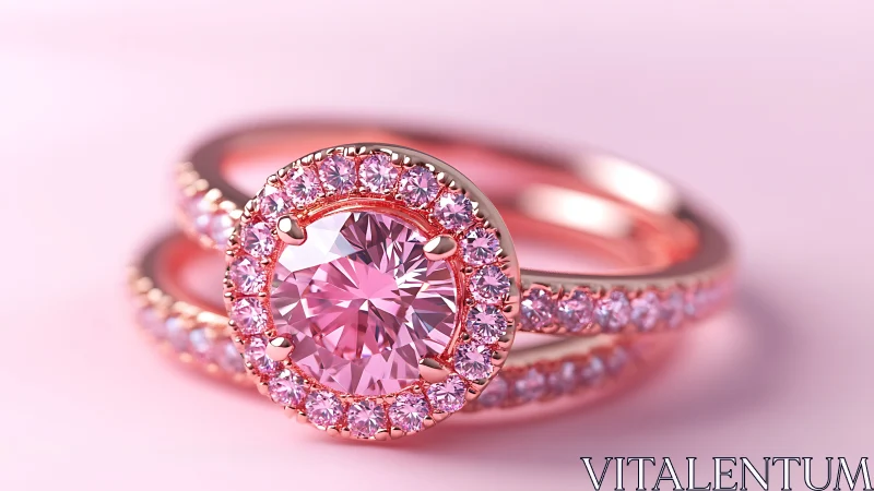 Pink sapphire halo engagement ring with pav&eacute; band detail.