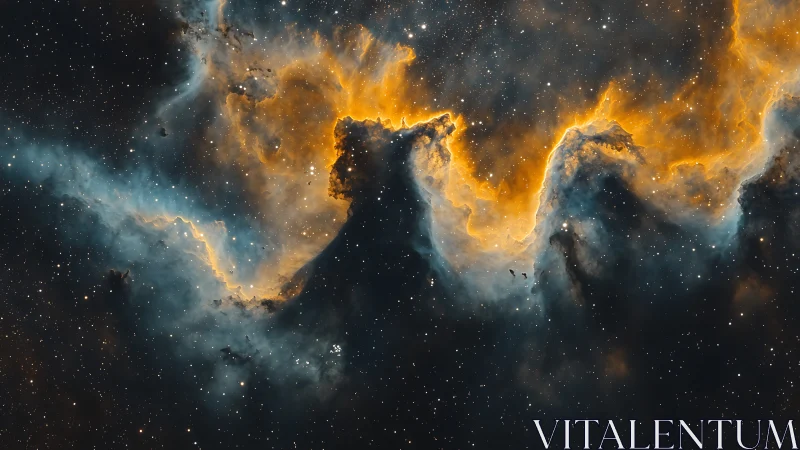 Emission nebula with orange ionized gas and dark dust fronts.