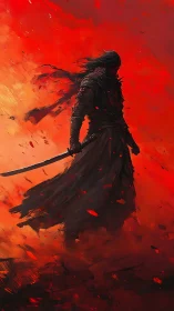 Silhouetted swordsman stands in red fiery abstract storm