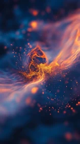 Abstract orange energy swirl on deep blue background.