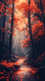 Autumn Forest Pathway with Golden Light and Falling Leaves
