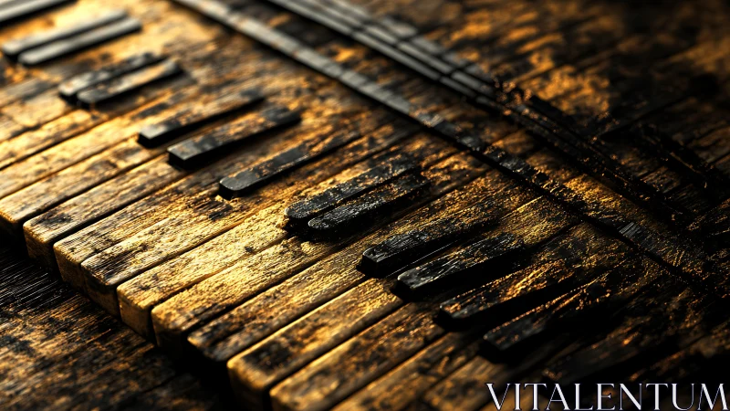 Burnished wooden piano keys glow with rich golden textures.