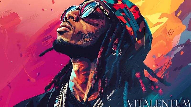 Vibrant digital portrait of hip-hop figure in neon light.