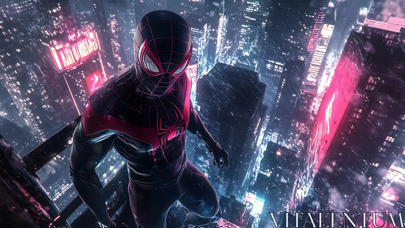 Spider-themed masked figure on ledge above neon cityscape.