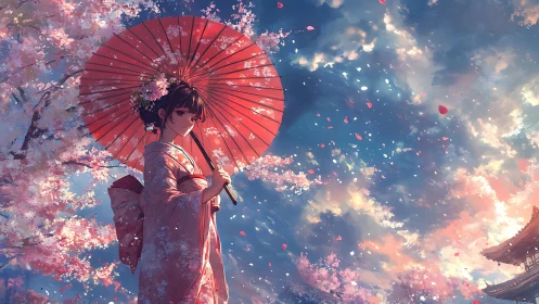 Crimson parasol cradles spring sky in drifting sakura hush