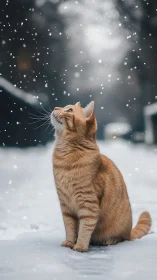 Ginger Tabby Cat Observing Falling Snowflakes in Winter Scene