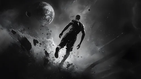 Cosmic athlete leaping through space in bold monochrome glow.