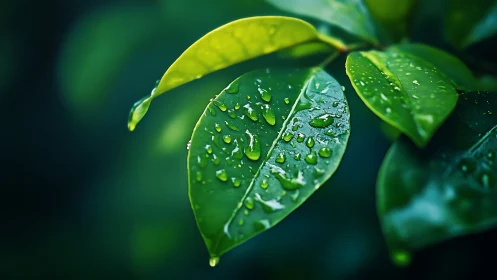 Macro view of green leaves with water droplets after rain.
