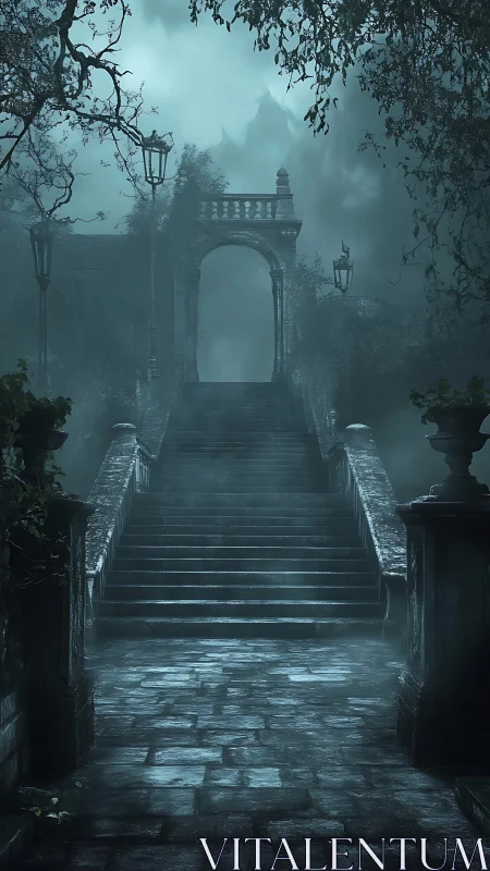 Moody stone staircase receding into fog with symmetrical Gothic arch