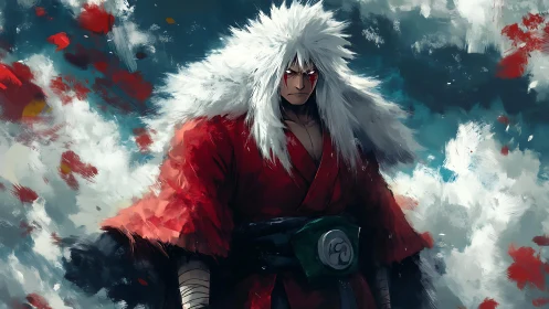 White haired warrior in red robe amid stormy abstract sky.